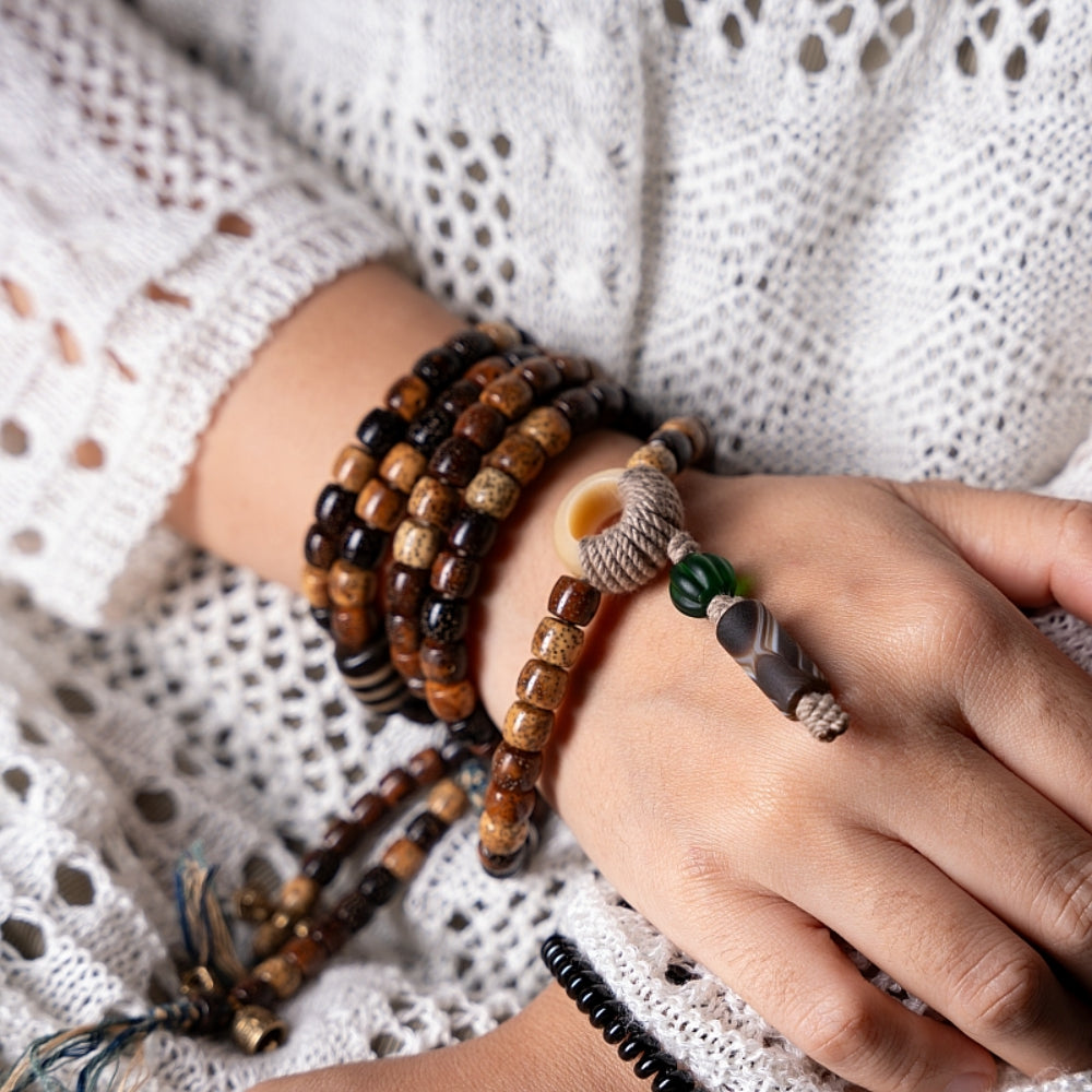 Sacred Harmony 108 Mala Beads Bodhi Shell Agate Glass