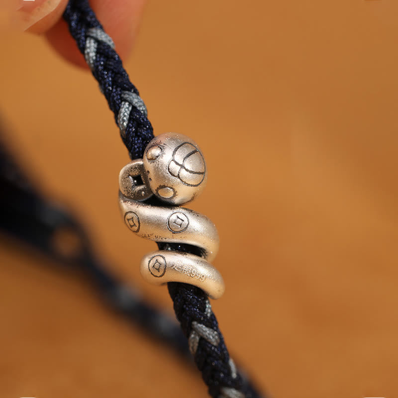 999 Sterling Silver Year of the Snake Handmade Copper Coin Protection Braided Bracelet