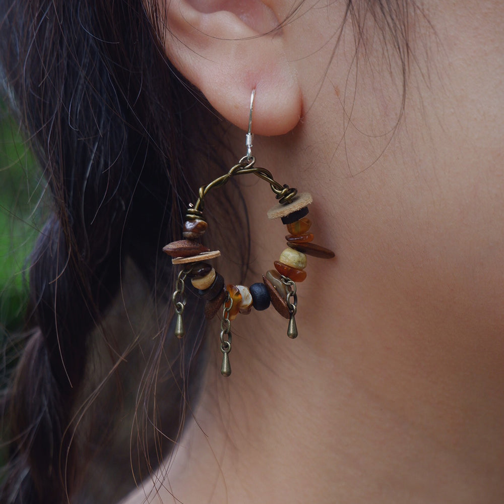 Protective Harmony Hoop Earrings with Amber and Yak Bone
