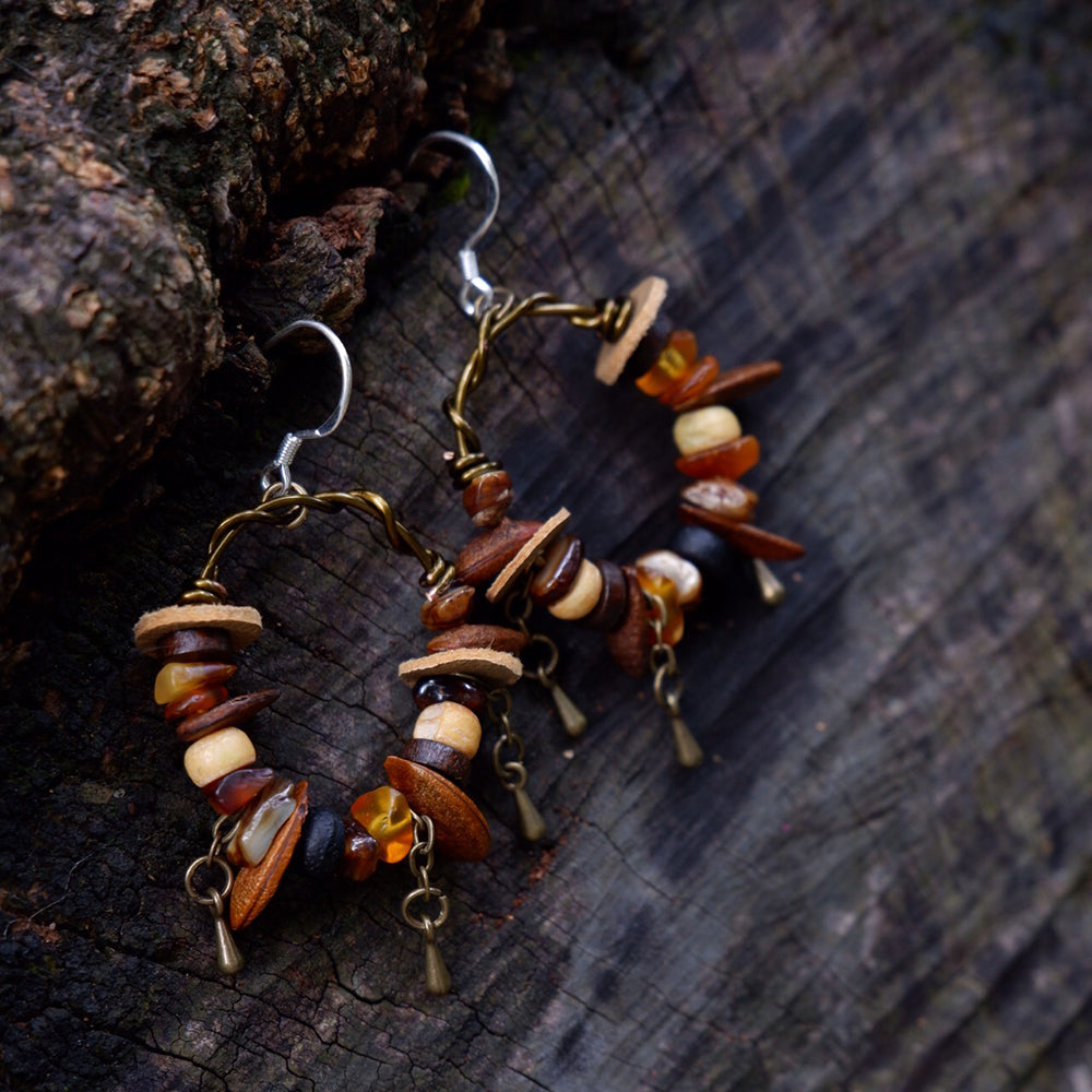 Protective Harmony Hoop Earrings with Amber and Yak Bone